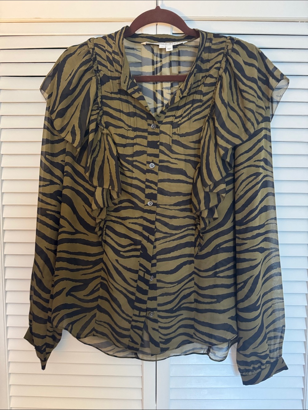 Veronica Beard Olive & Black Zebra Ruffle Button-Down Top